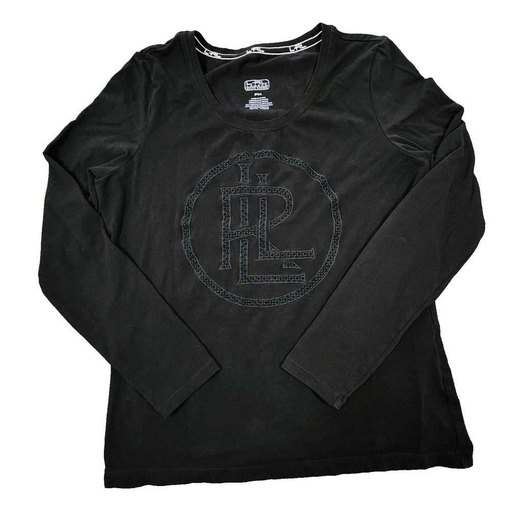 LRL Lauren Ralph Lauren Black Long Sleeve Embroidered Crest Logo Top PM Petite
